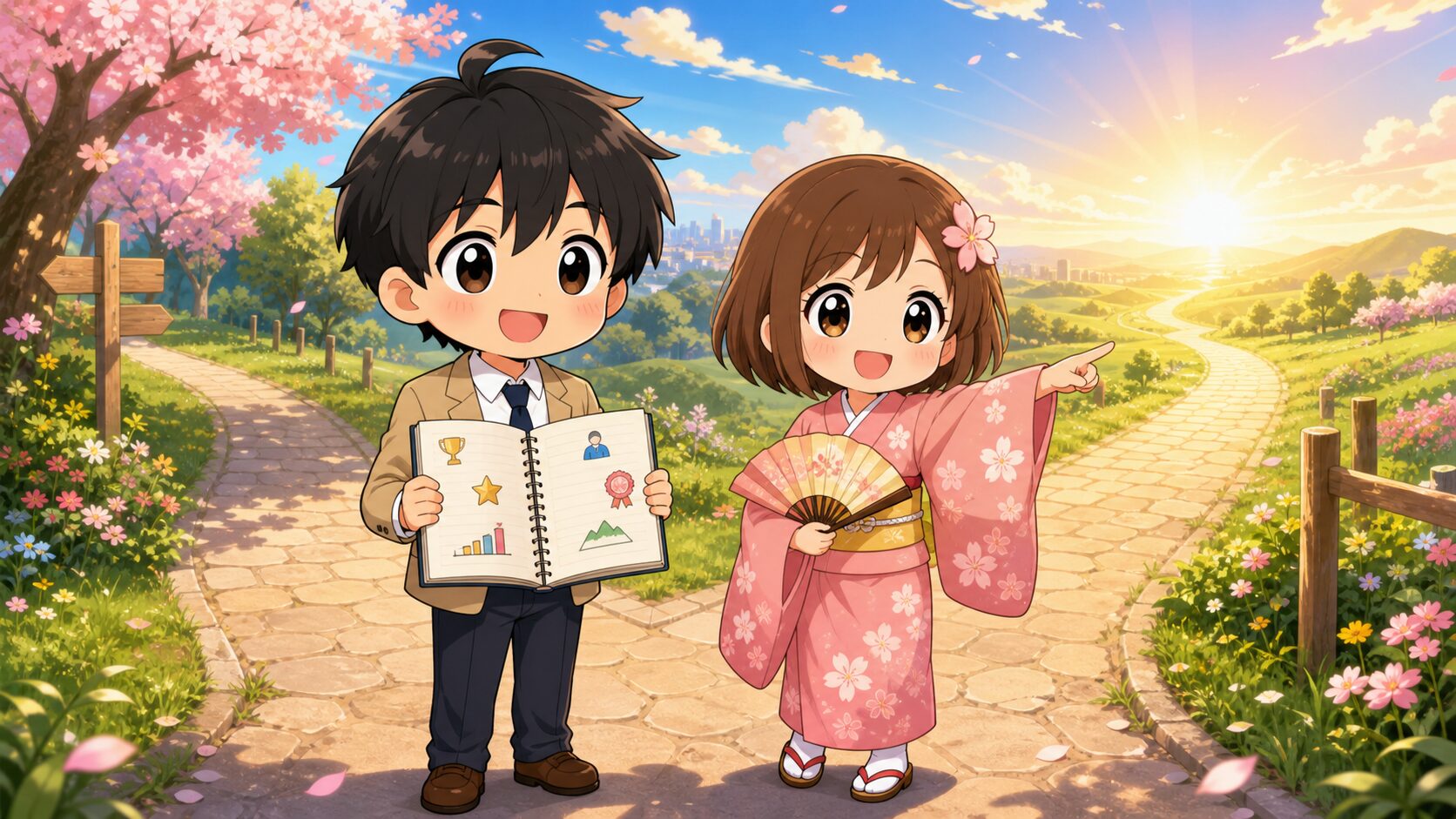キャリアの棚卸しノートを手に分かれ道に立つMASAKIと、明るい道を指し示すSAKURA