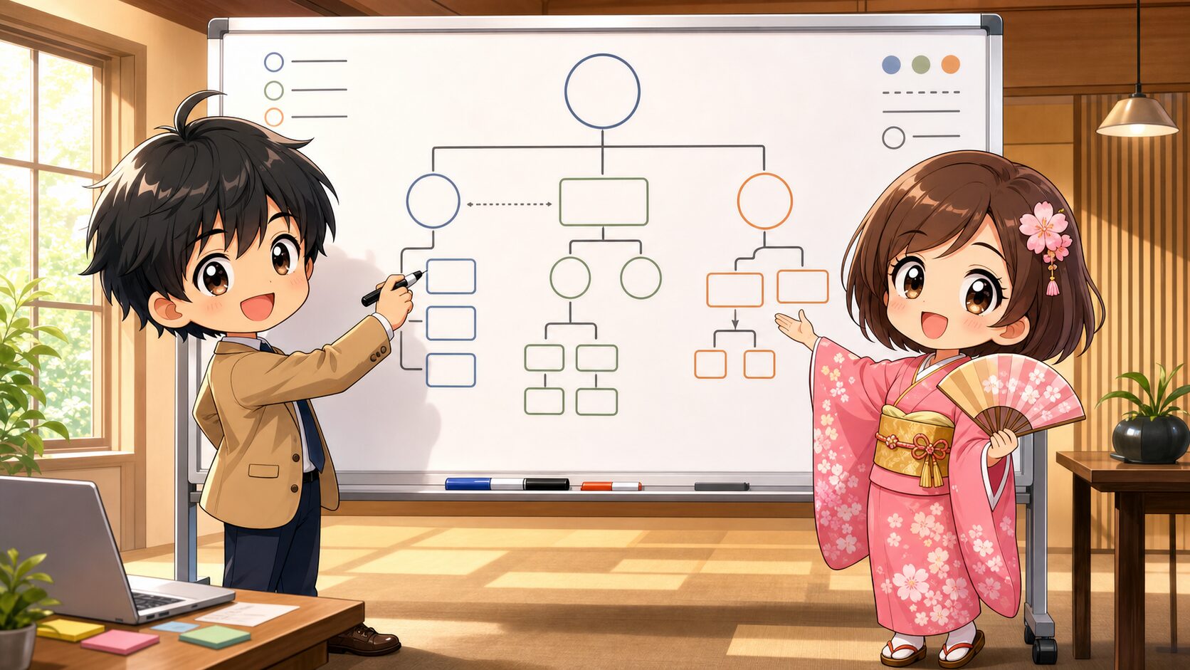 ホワイトボードでロジックツリーを描きながらケース面接の練習をするMASAKIとSAKURA