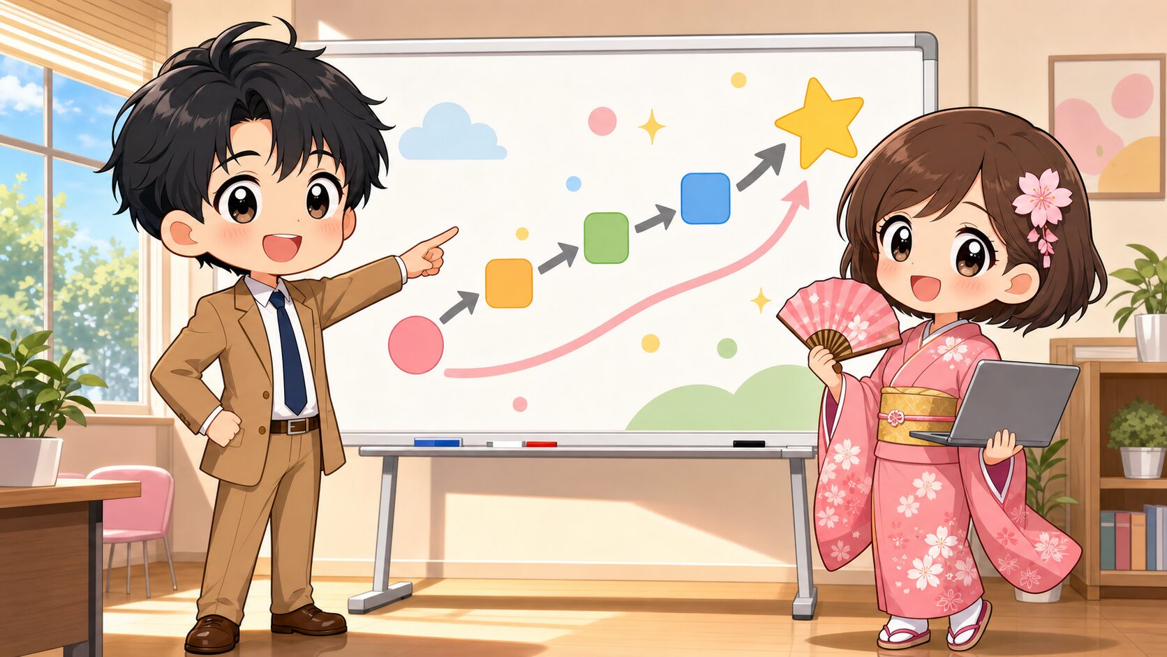 SEからITコンサルへのキャリアパスを説明するMASAKIと、ノートPCを持って笑顔でうなずくSAKURA