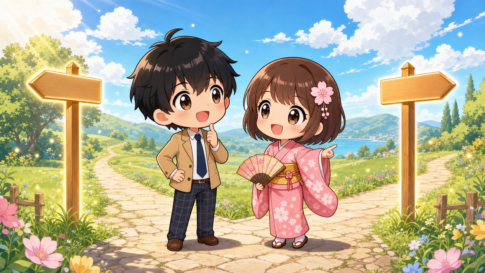 分かれ道の前で内定承諾について話し合うMASAKIとSAKURA