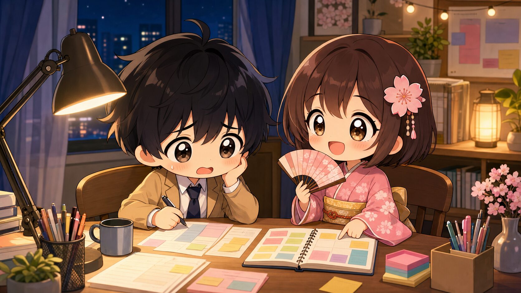 疲れた表情の会社員MASAKIと、ノートを開いて相談に乗るSAKURA