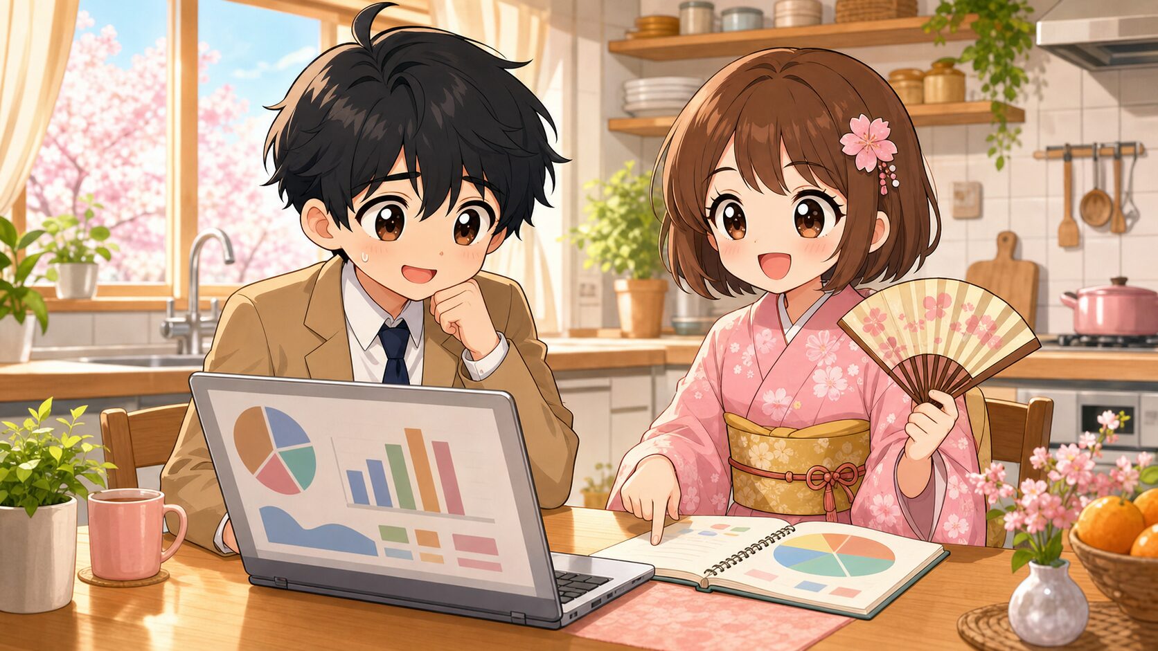 パソコンの値動きに不安げなMASAKIと、家計簿を見せて落ち着かせるSAKURA
