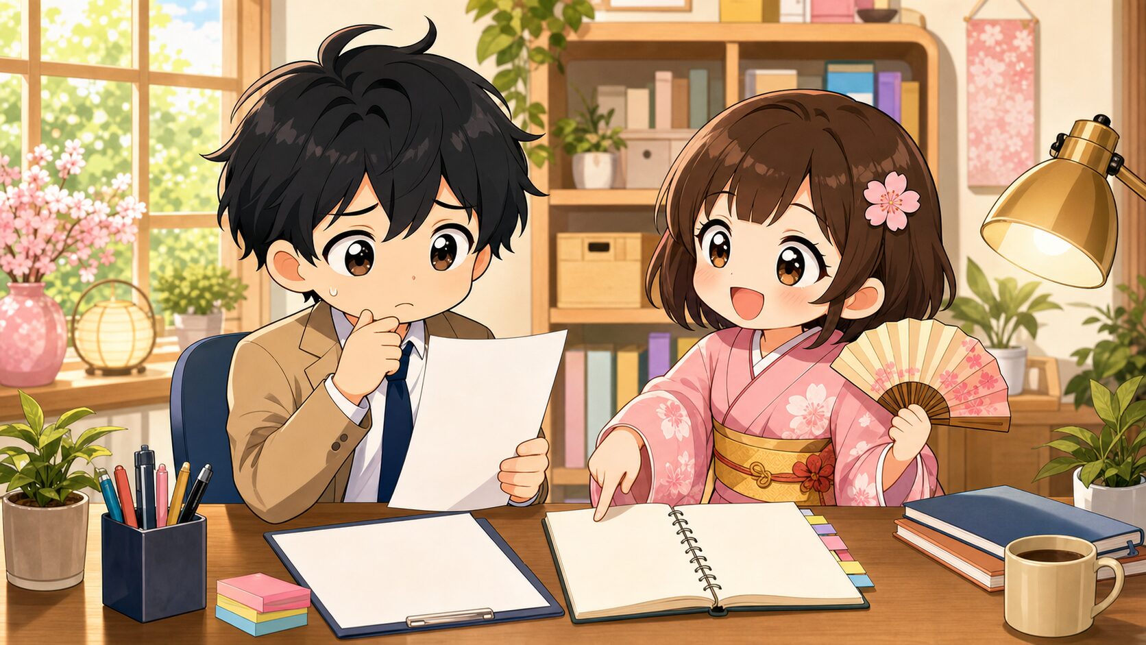 白紙の職務経歴書に悩むMASAKIと日常業務のメモを指さして励ますSAKURA