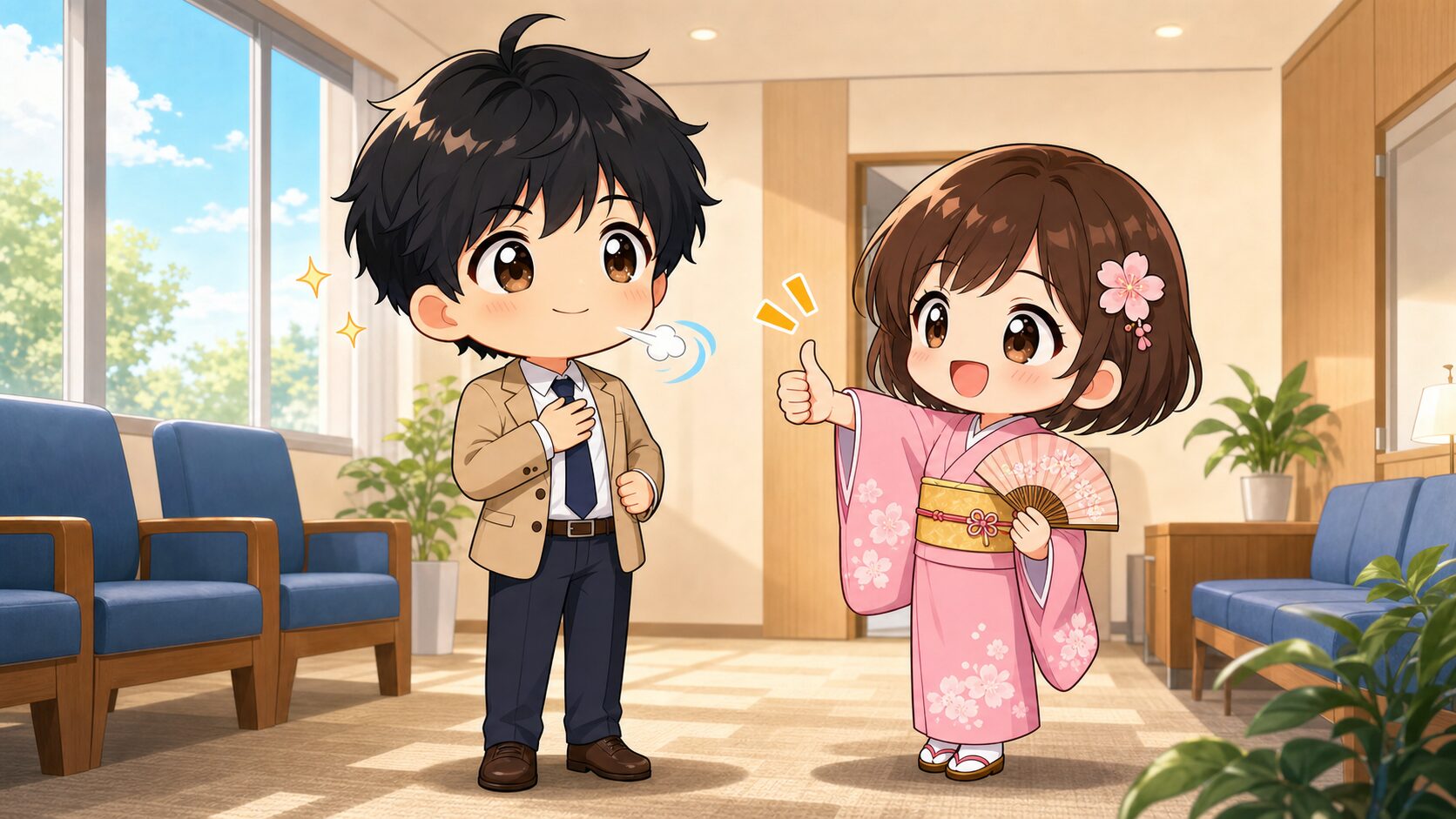 面接前に緊張するMASAKIを励ますSAKURA