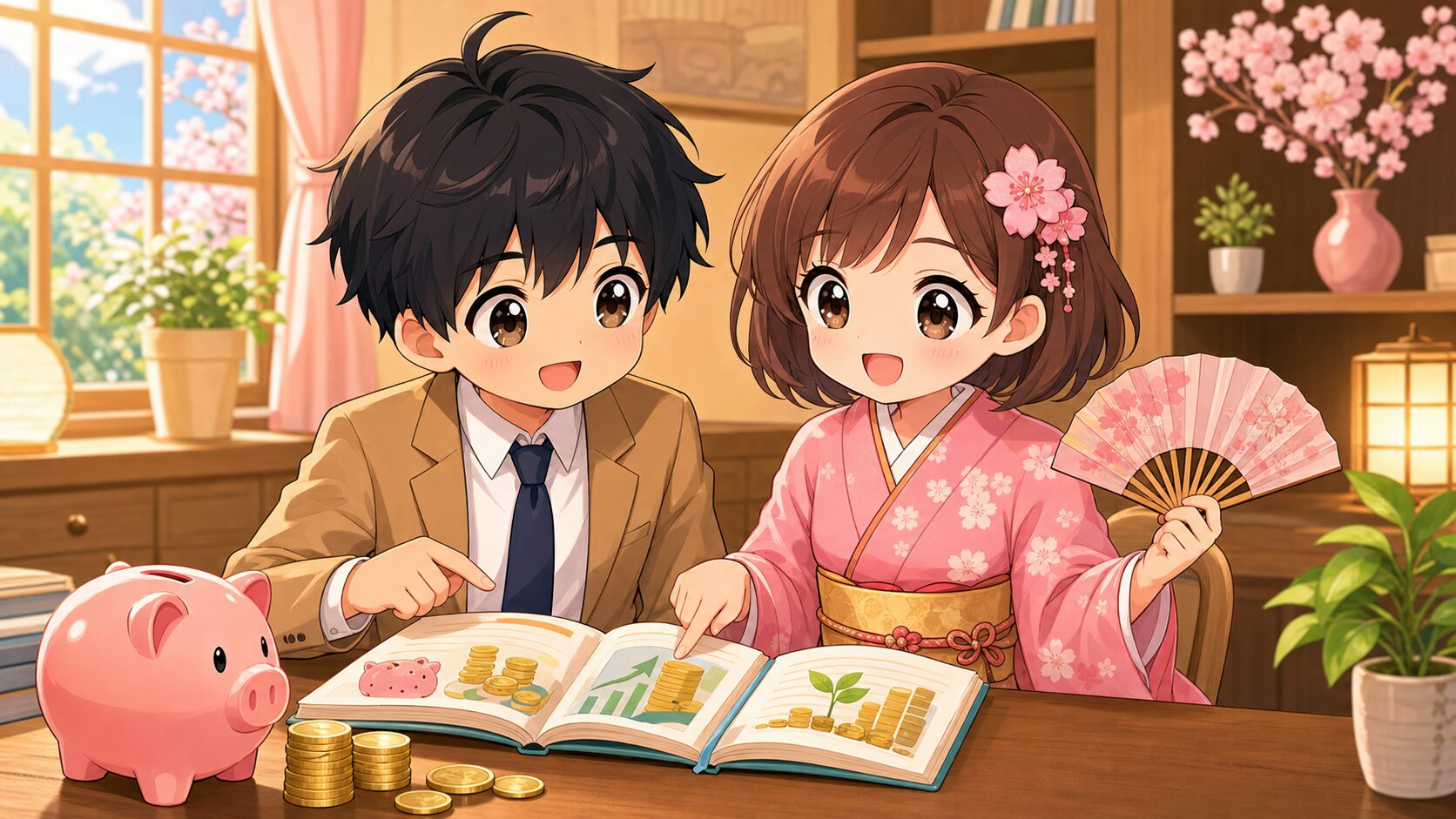 お金の勉強におすすめの本を紹介するサクラ先生とマサキ