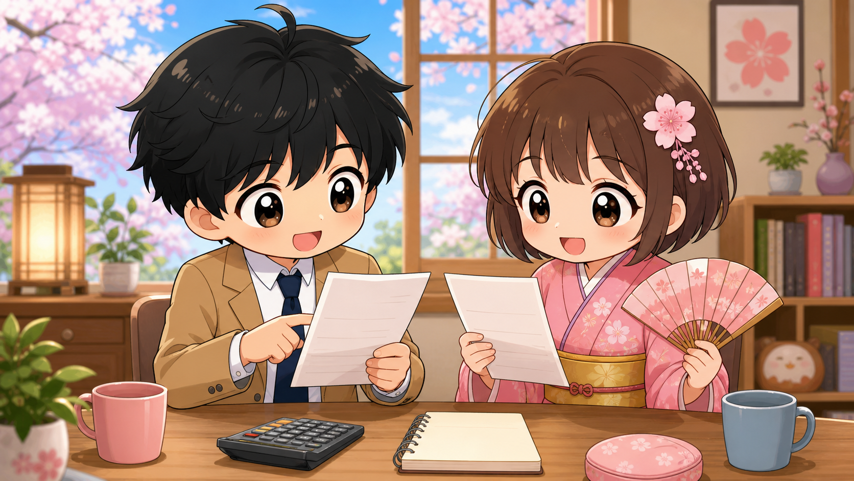MASAKIとSAKURAが給与明細を見比べながら年収を計算しているシーン