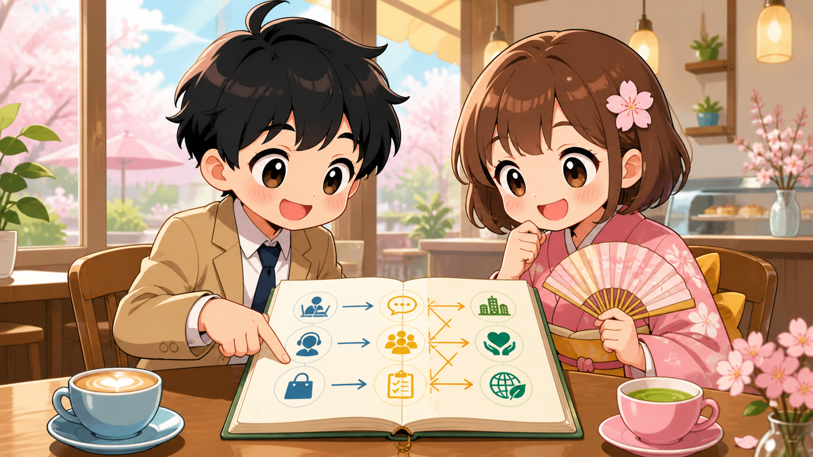 MASAKIとSAKURAがカフェで持ち運べるスキルを書き出しているシーン