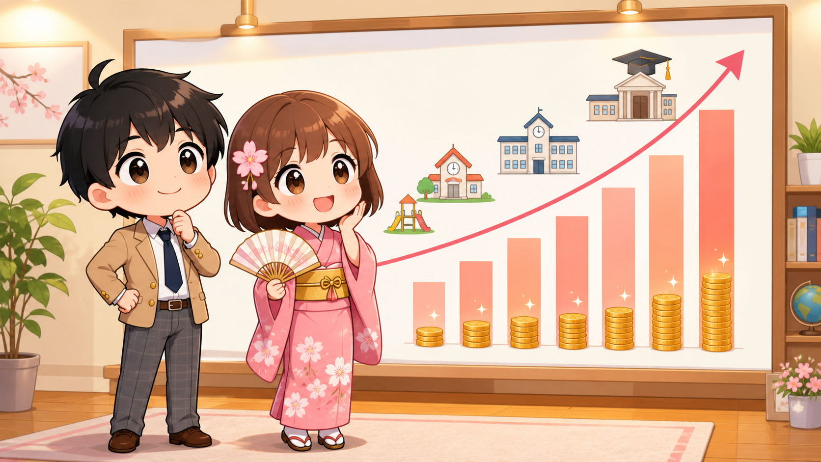 教育費の推移グラフを前に考えるMASAKIとSAKURA
