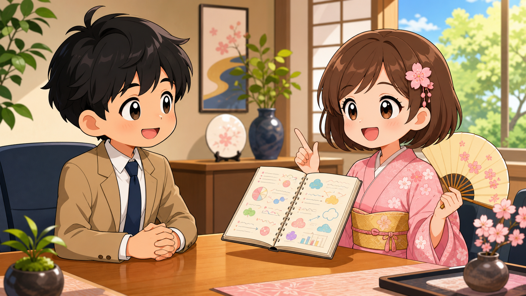 面接で逆質問を準備するMASAKIとSAKURAのイラスト