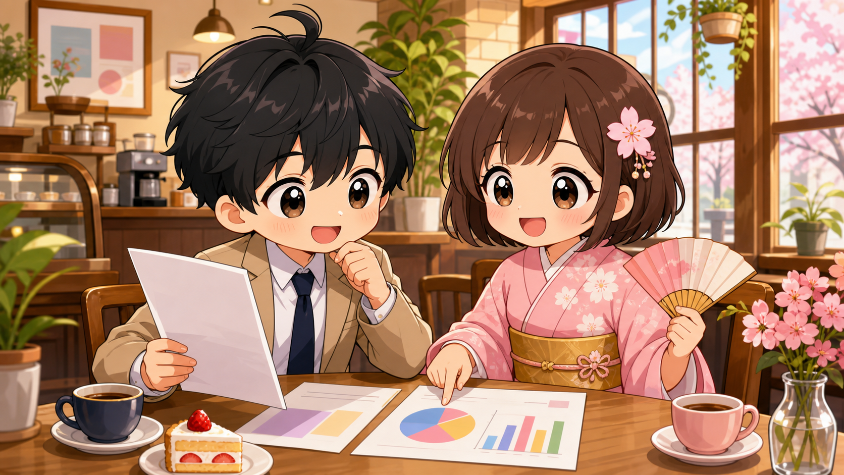 内定通知と年収の資料を見ながら交渉のタイミングを相談するMASAKIとSAKURA
