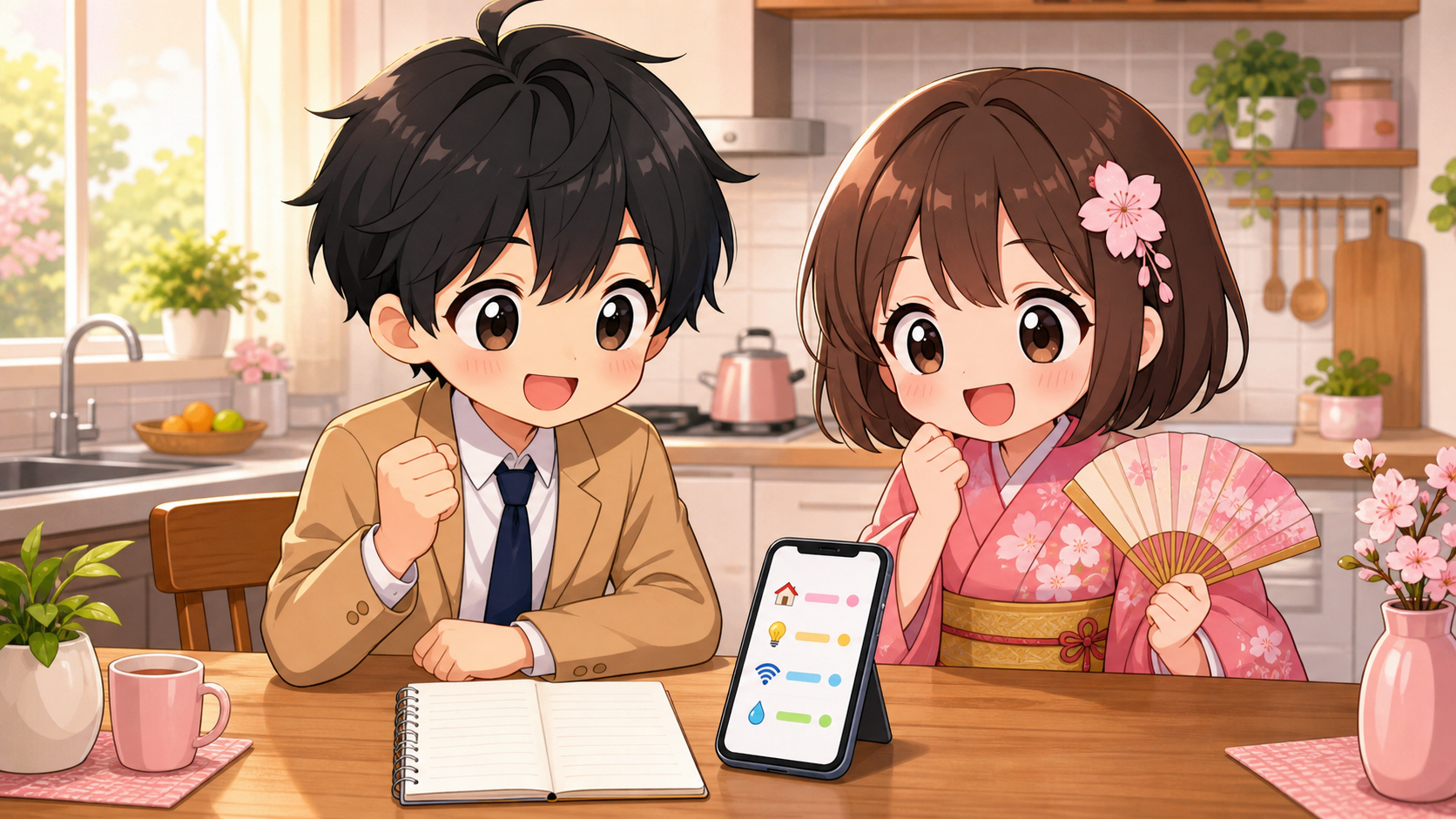 固定費だけを書いたシンプルな家計簿を前にほっとするMASAKIとSAKURA