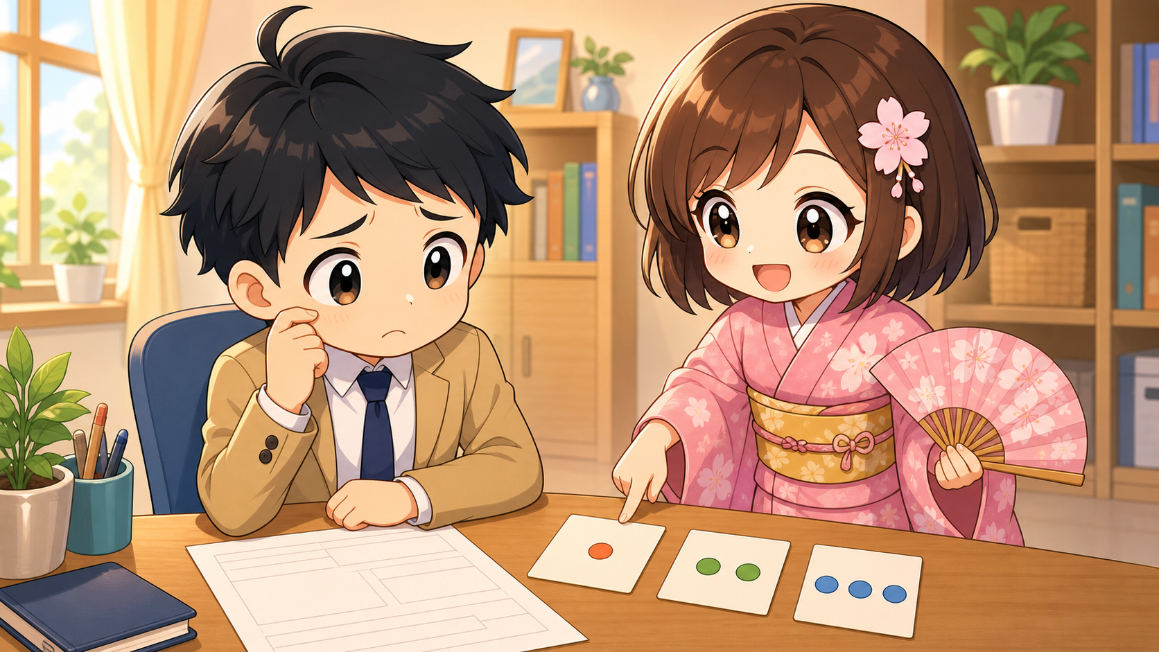 白紙の志望動機欄に悩むMASAKIと3ステップを教えるSAKURA