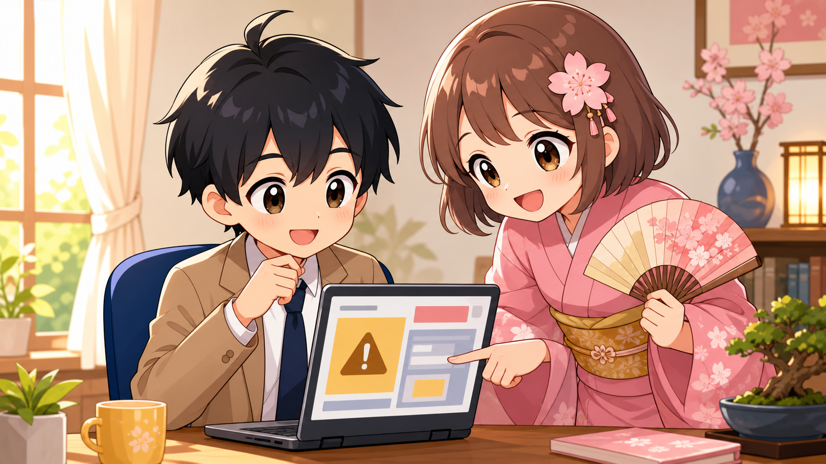 スカウトメールの画面を見て戸惑うMASAKIと、笑顔でアドバイスするSAKURA