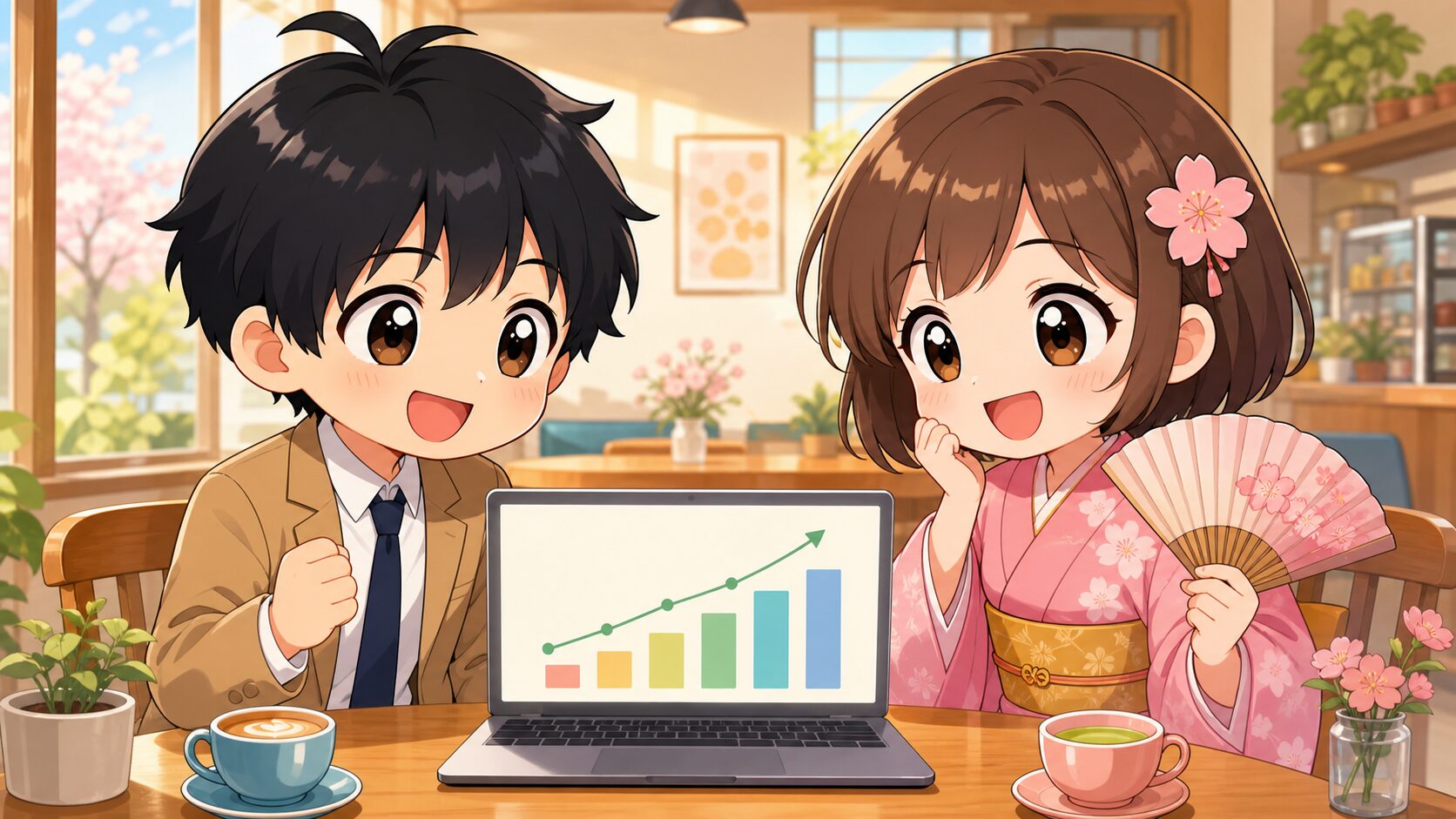 老後資金の計画をカフェで確認して安心する二人