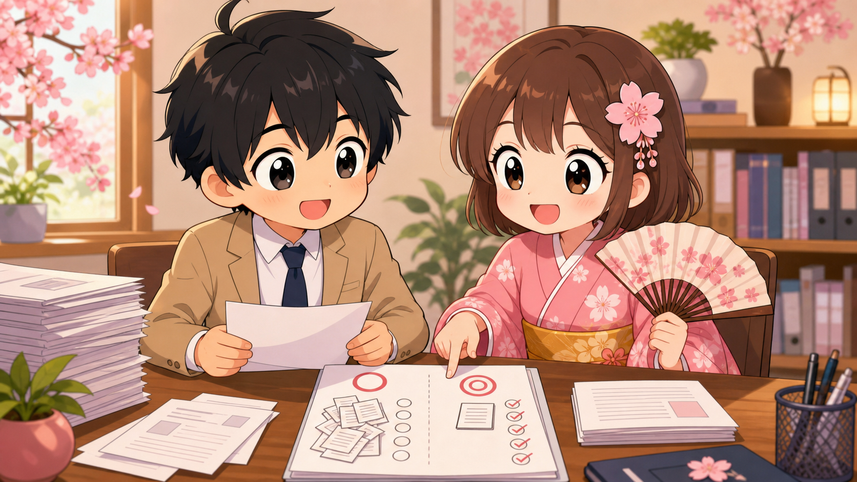 応募書類の束を見ながら応募社数について話し合うMASAKIとSAKURA