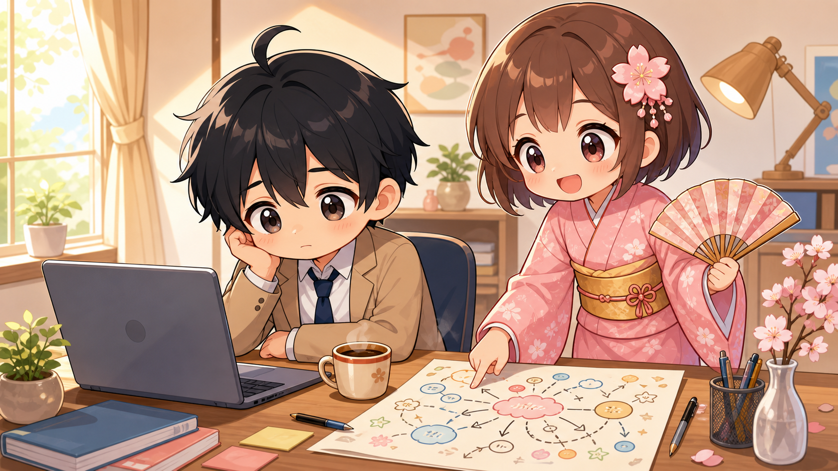 疲れた表情のMASAKIとやさしく寄り添うSAKURAが原因を整理するイラスト