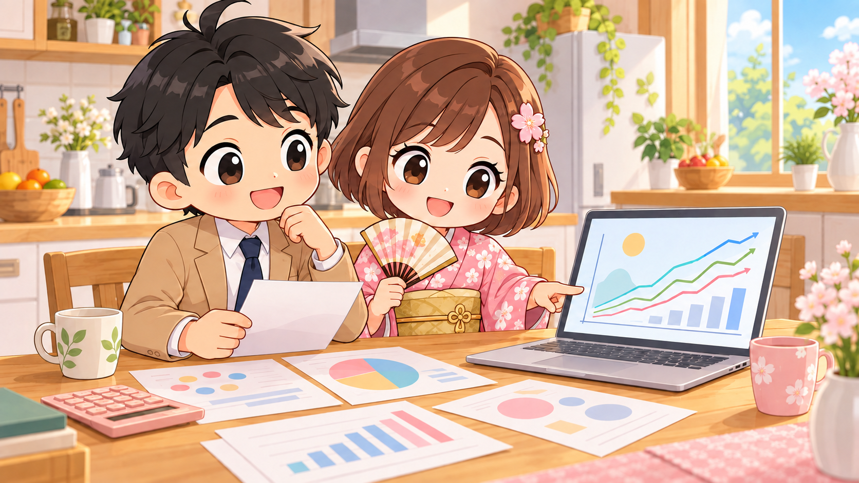 老後資金の計画表を見ながら話し合うMASAKIとSAKURA