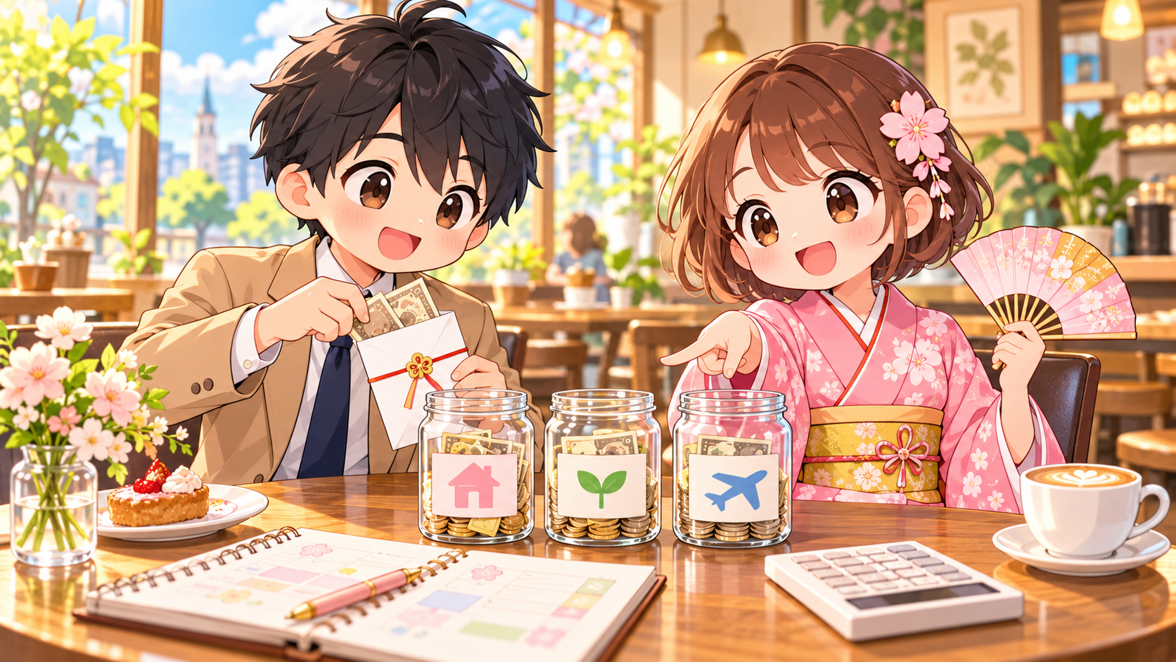 MASAKIとSAKURAがボーナスを貯金・自己投資・ご褒美の3つの瓶に分けて計画している様子