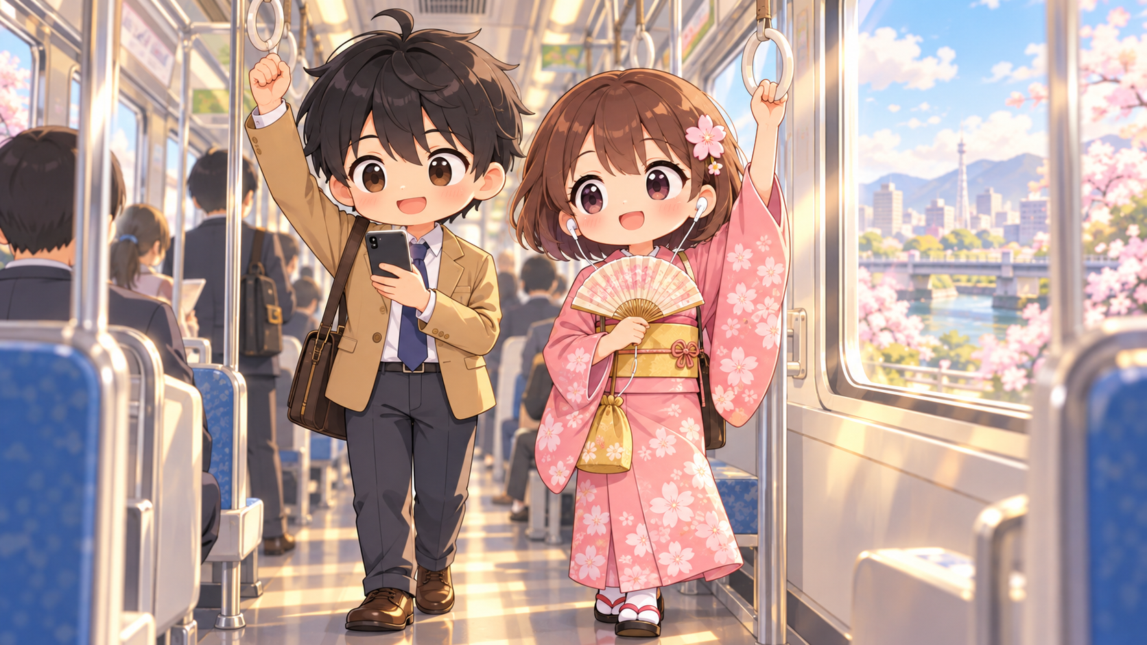 通勤電車で電子書籍を読むMASAKIとオーディオブックを聴くSAKURA