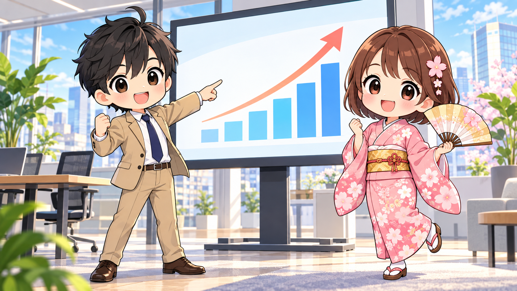 明るいオフィスで年収の上昇グラフを見て笑顔を見せるMASAKIとSAKURA