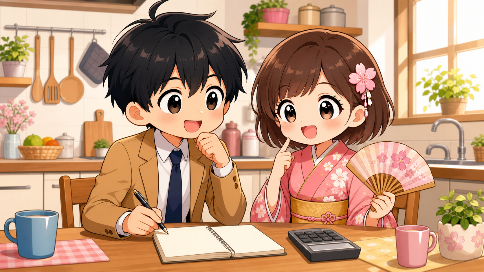 ノートと電卓を前に家計の分担を話し合う共働き夫婦