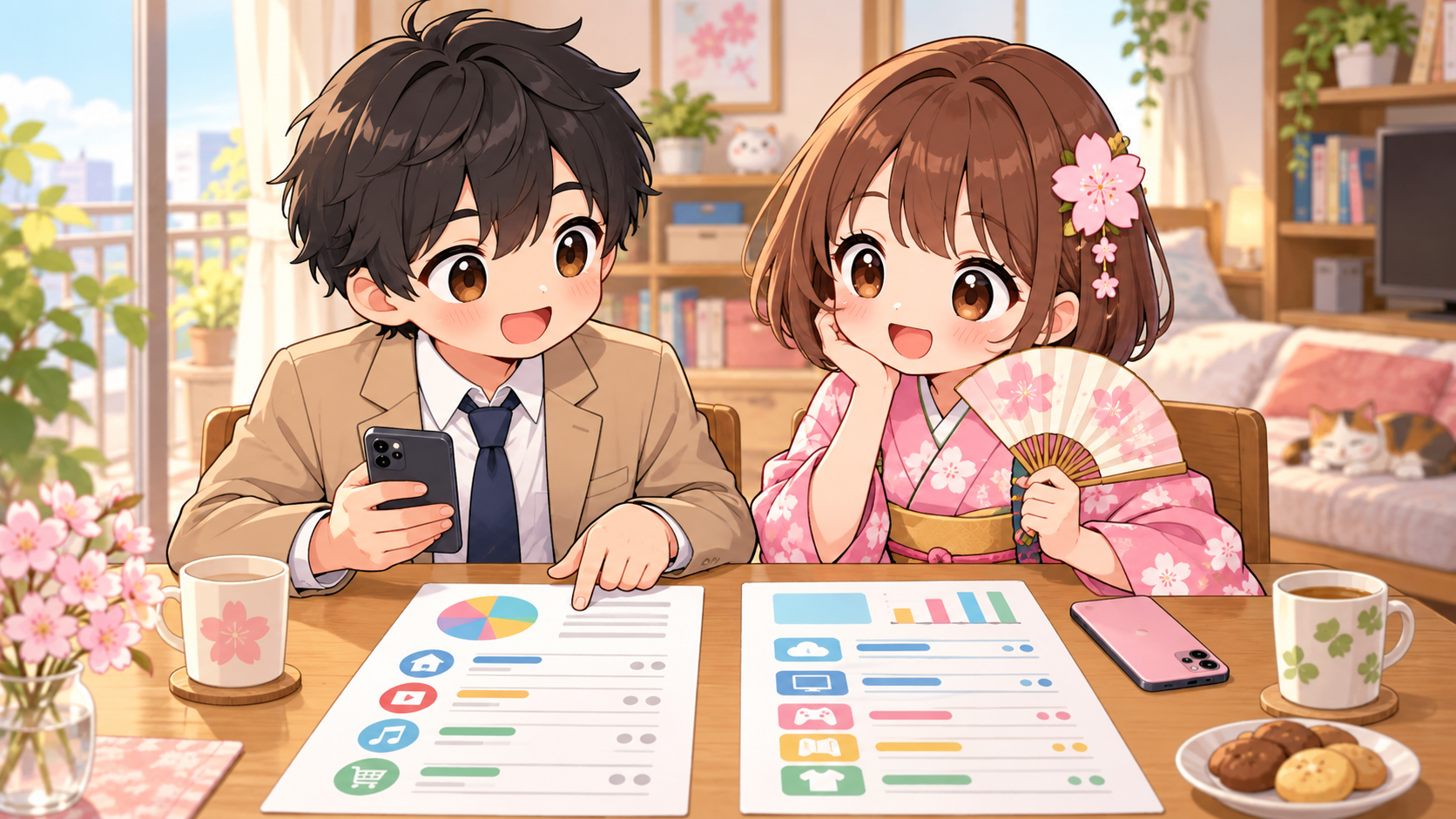 一人暮らしの固定費リストを見ながら見直しを相談するMASAKIとSAKURA
