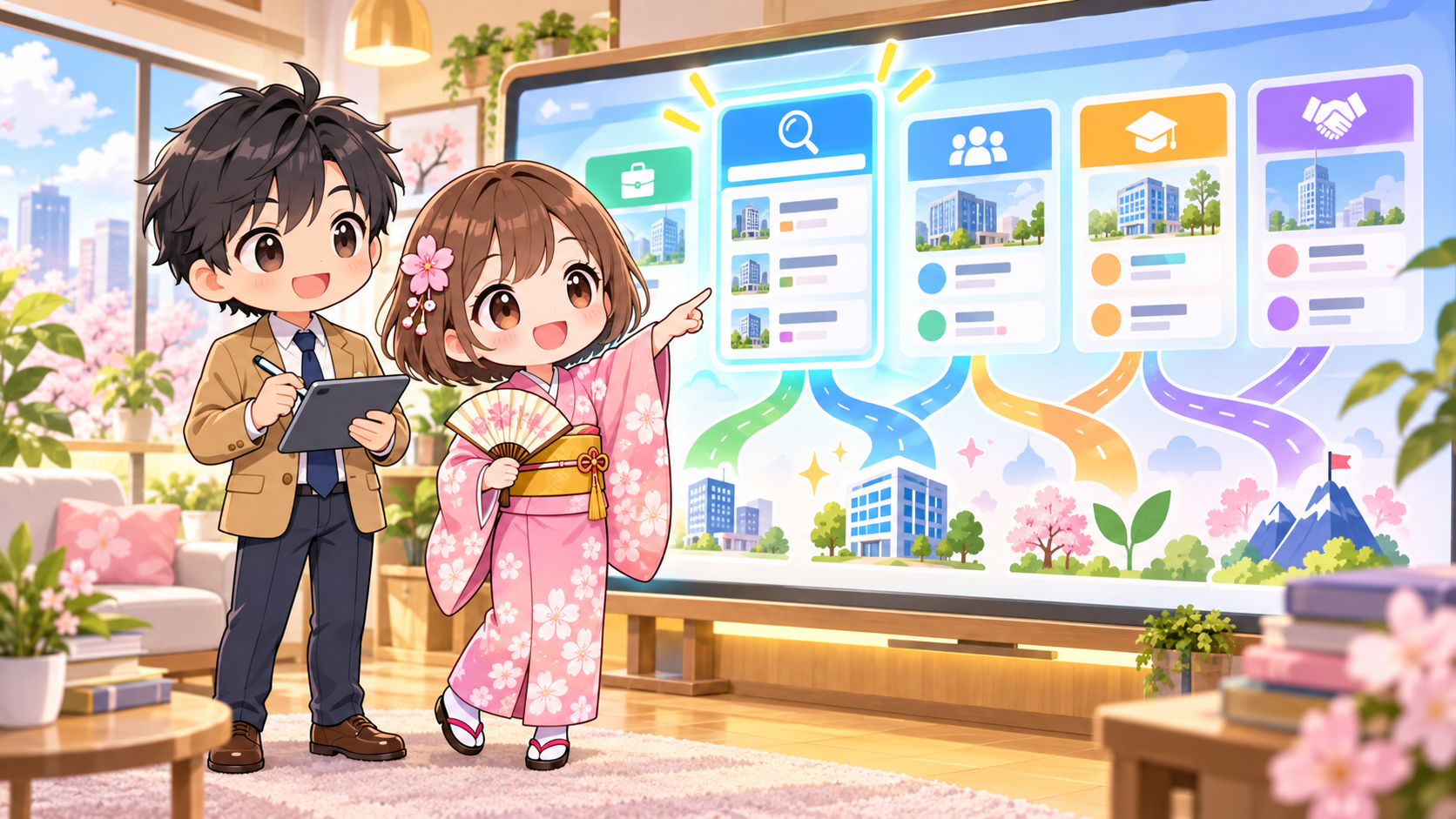 案件一覧のボードを見ながら案件の探し方を比較するMASAKIとSAKURA