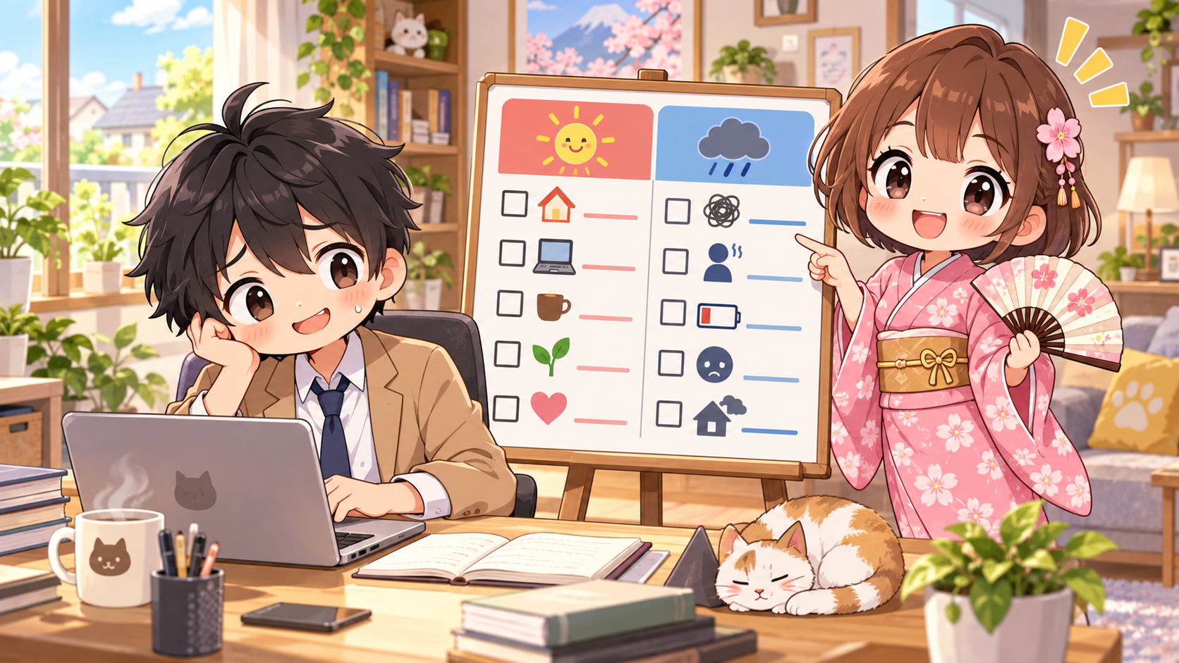 在宅で疲れ気味のMASAKIにフルリモートの向き不向きリストを見せるSAKURA