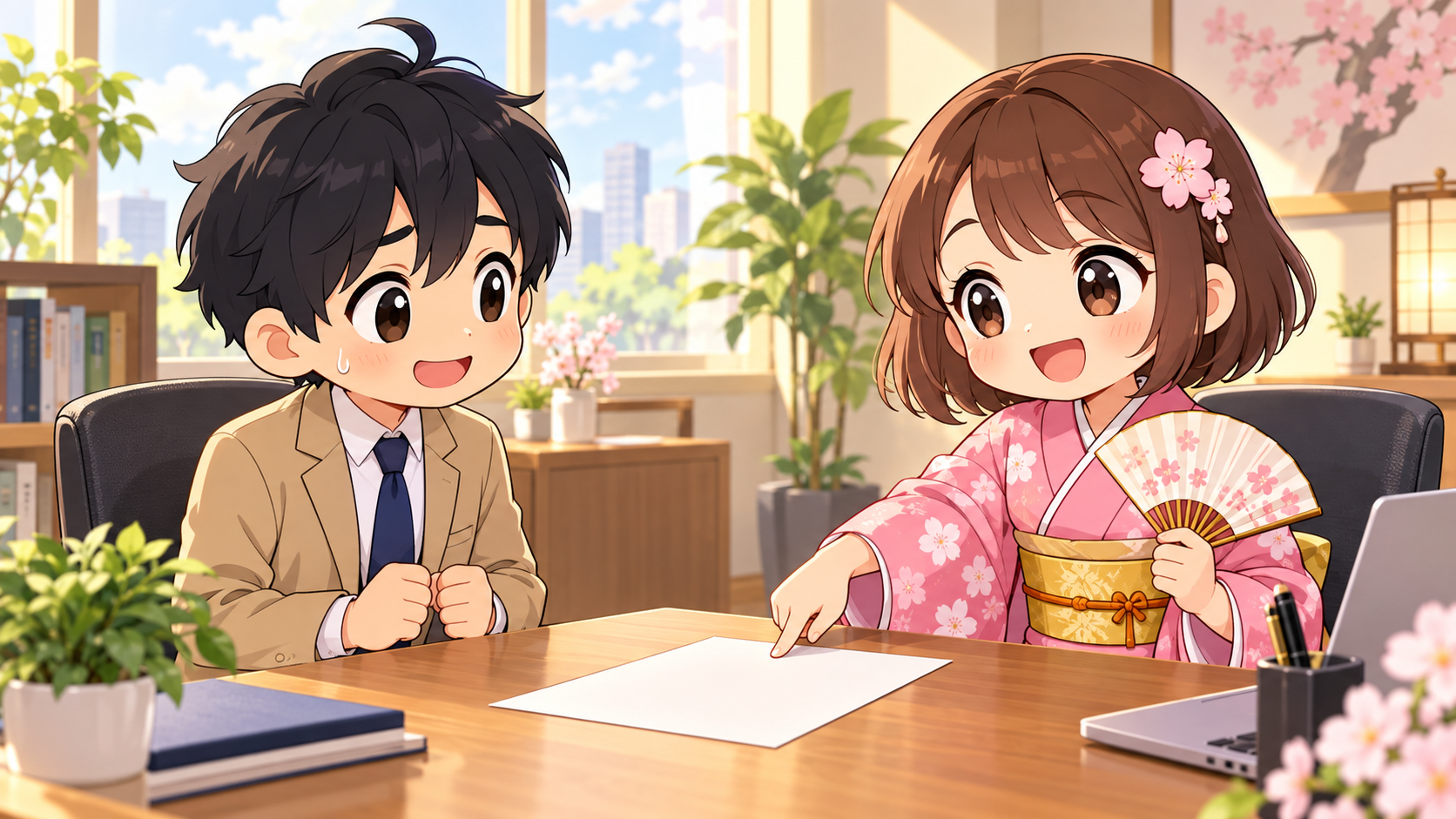 模擬面接で面接官役のSAKURAがMASAKIに履歴書を見ながらアドバイスしている様子