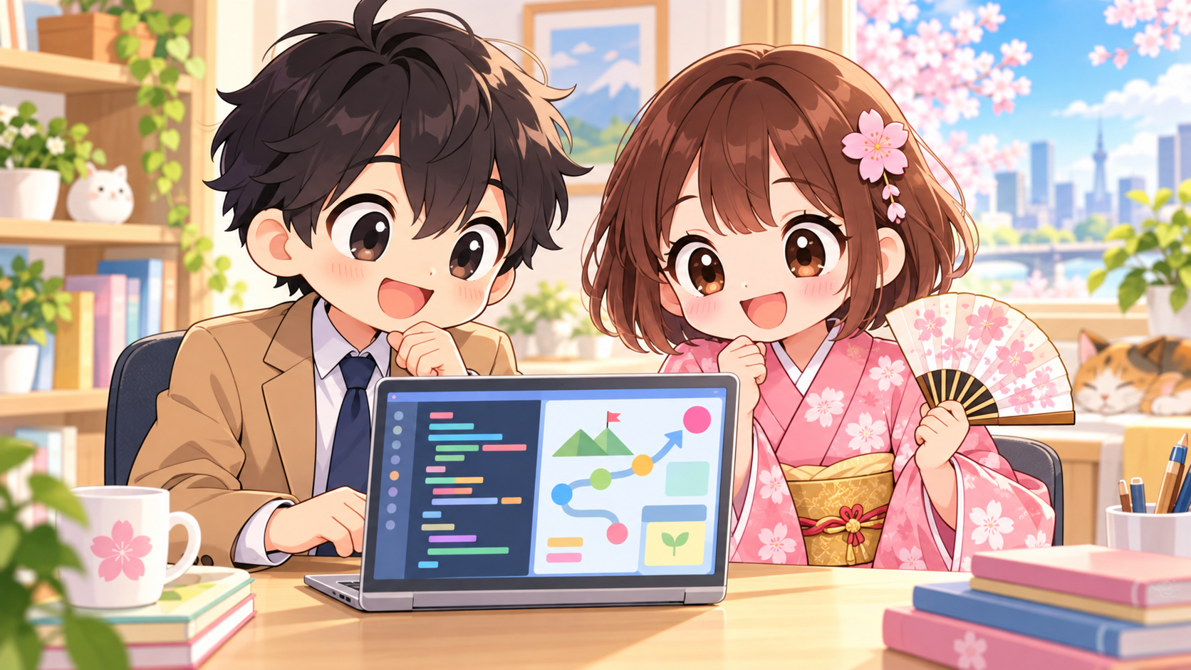 ノートパソコンでITキャリアの道筋を確認するMASAKIとSAKURA