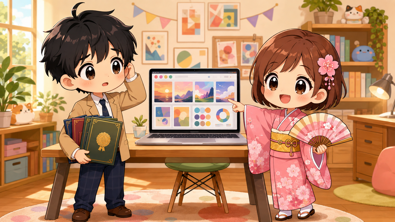 資格の本を手に悩むMASAKIと、ポートフォリオを見せて助言するSAKURA