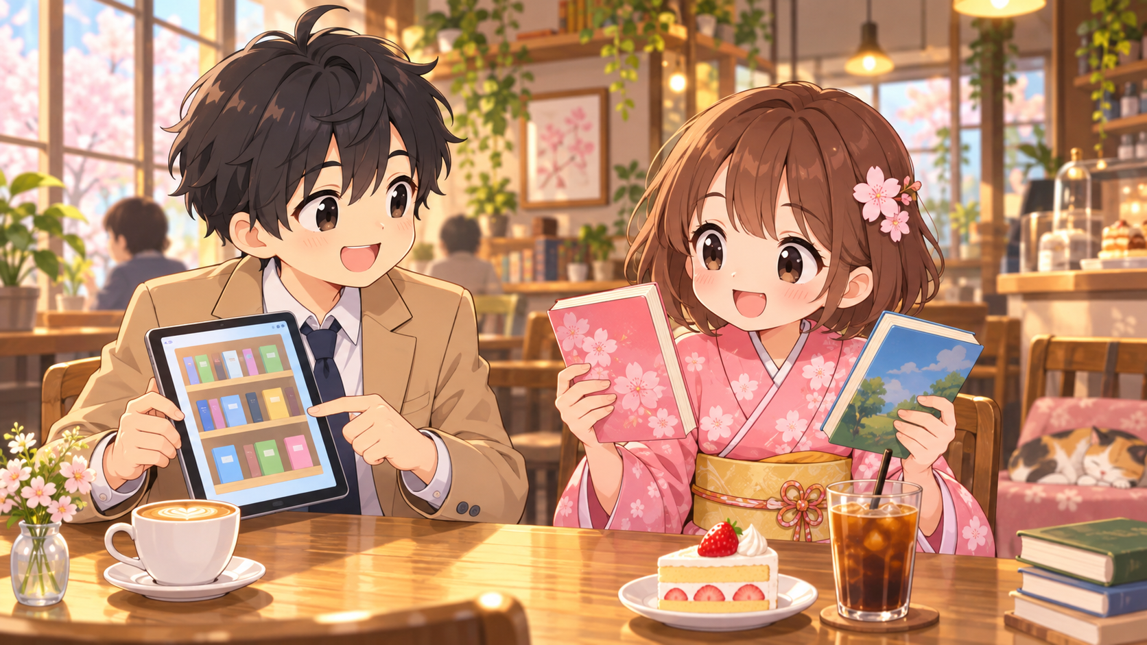 タブレットで読み放題を確認するMASAKIと紙の本を比べるSAKURA
