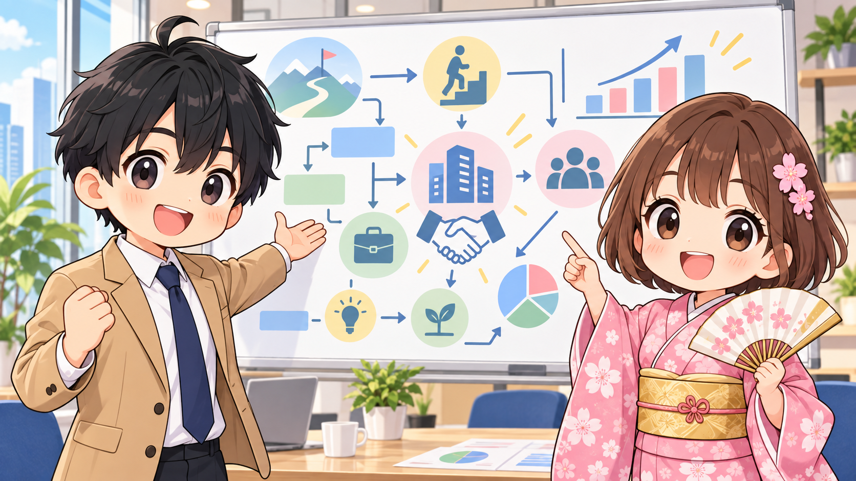 M&A業界への転職ルートをホワイトボードで説明するMASAKIとSAKURA