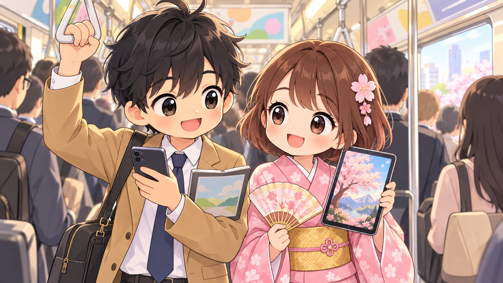 通勤電車でスマホとタブレットを使って読書を楽しむMASAKIとSAKURA