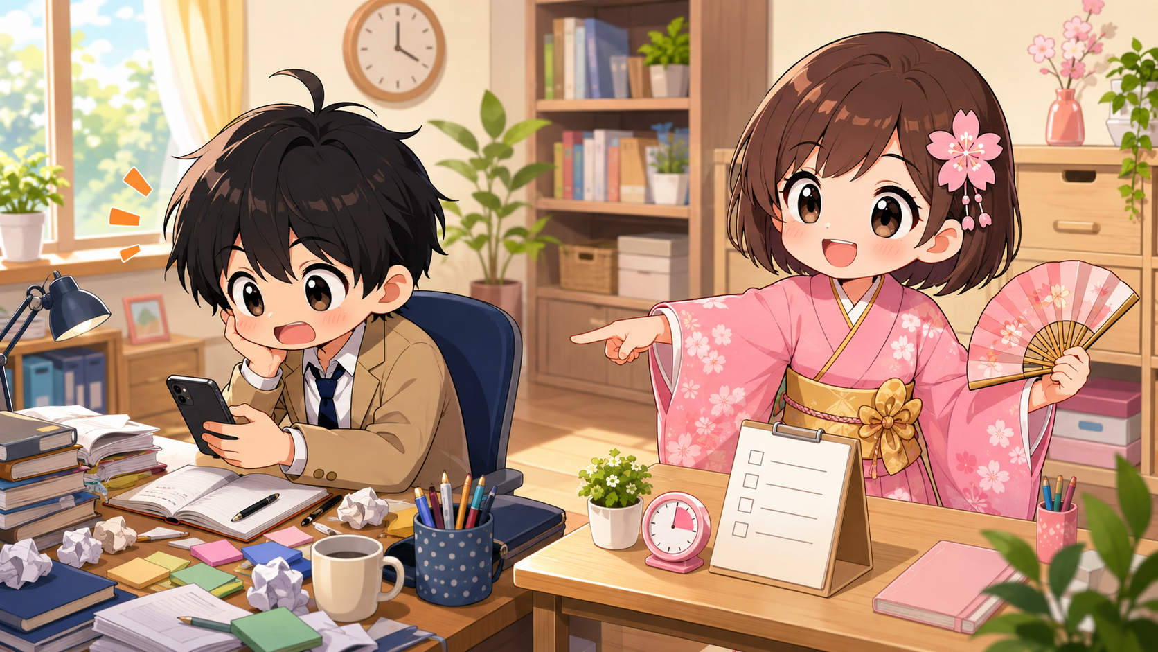散らかった机で集中できないMASAKIと、整った作業環境を提案するSAKURA