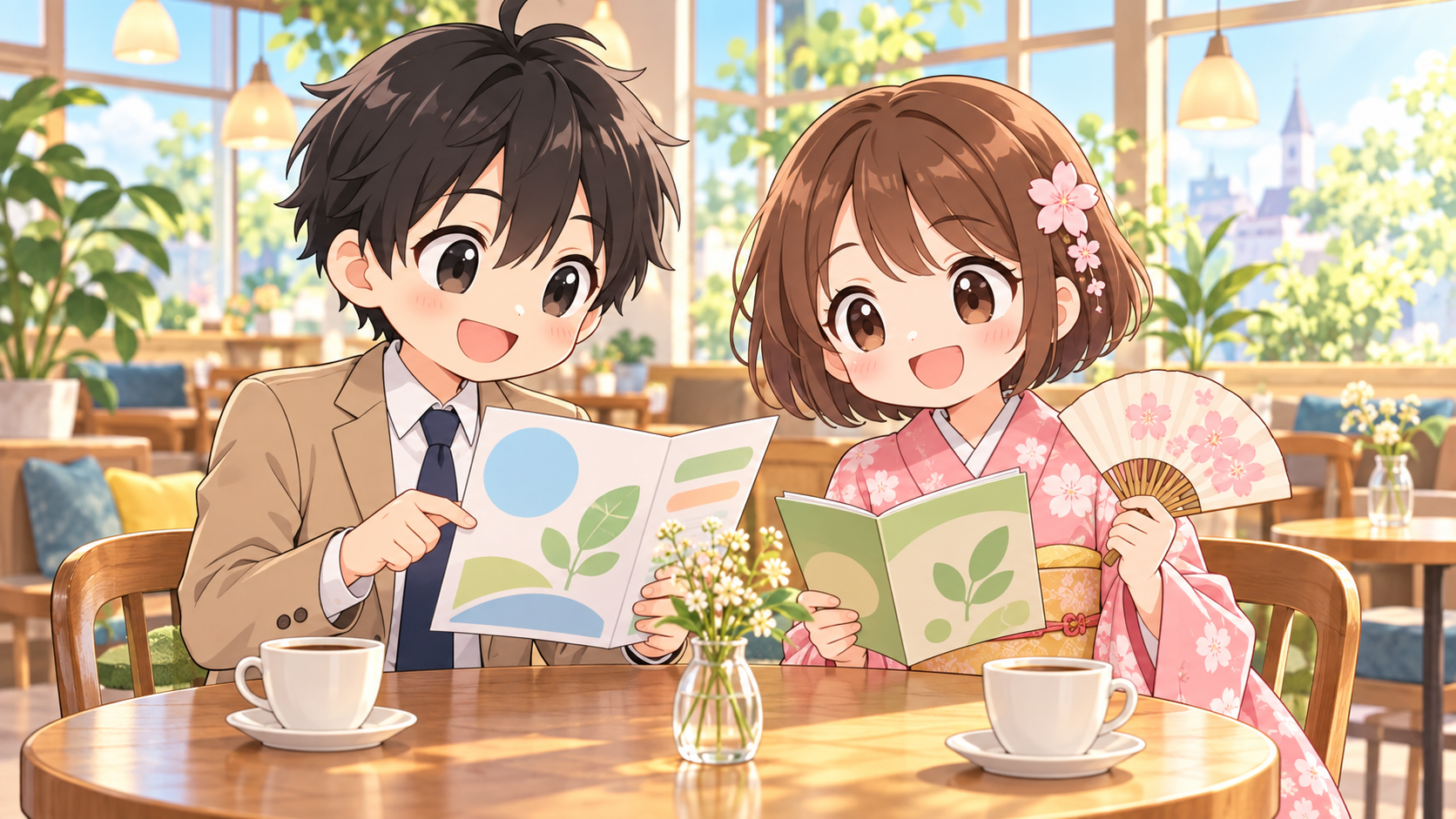 保険の資料と貯金ノートを見比べて安心した表情のMASAKIとSAKURA