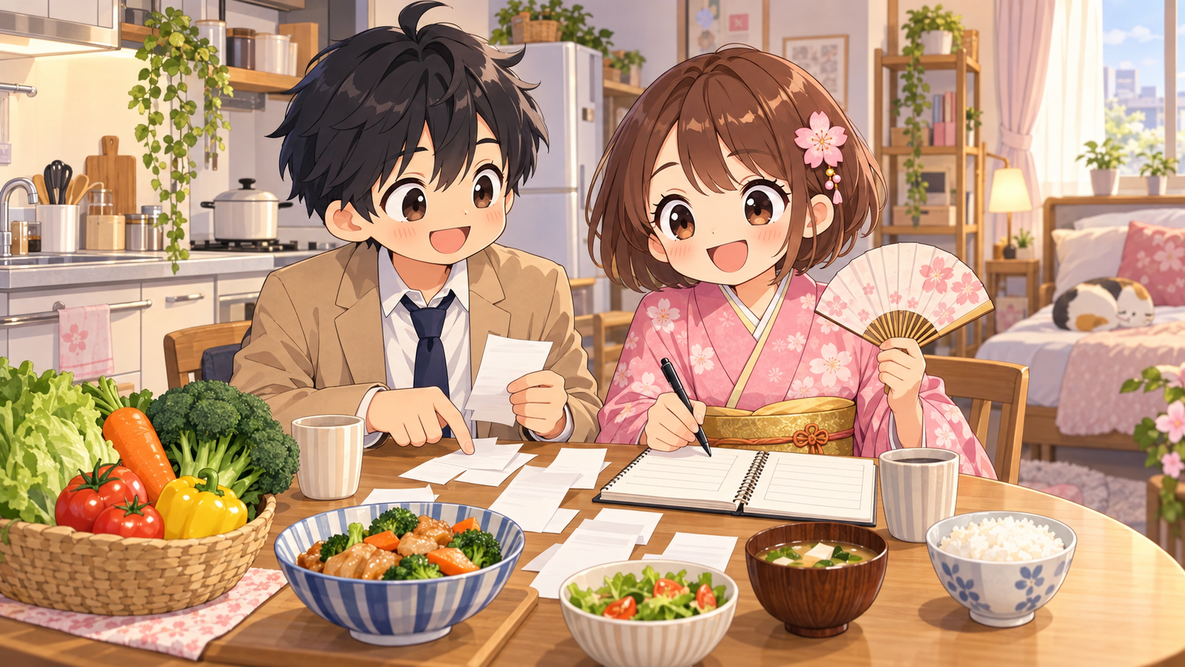 一人暮らしの部屋でレシートを見ながら食費の予算を立てるMASAKIとSAKURA