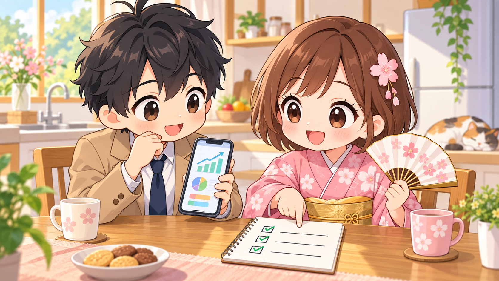 積立NISAをやめるか迷い、チェックリストを見ながら相談するMASAKIとSAKURA