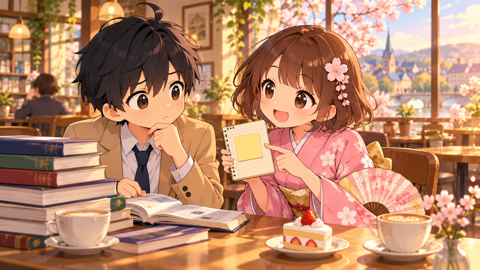 ビジネス書の山を前に悩むMASAKIに、SAKURAがメモ帳を見せて読み方のコツを教えている様子