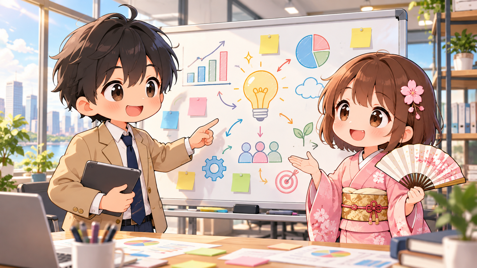 ホワイトボードの前でアイデアを出し合いながら、コンサルの仕事について楽しそうに話すMASAKIとSAKURA
