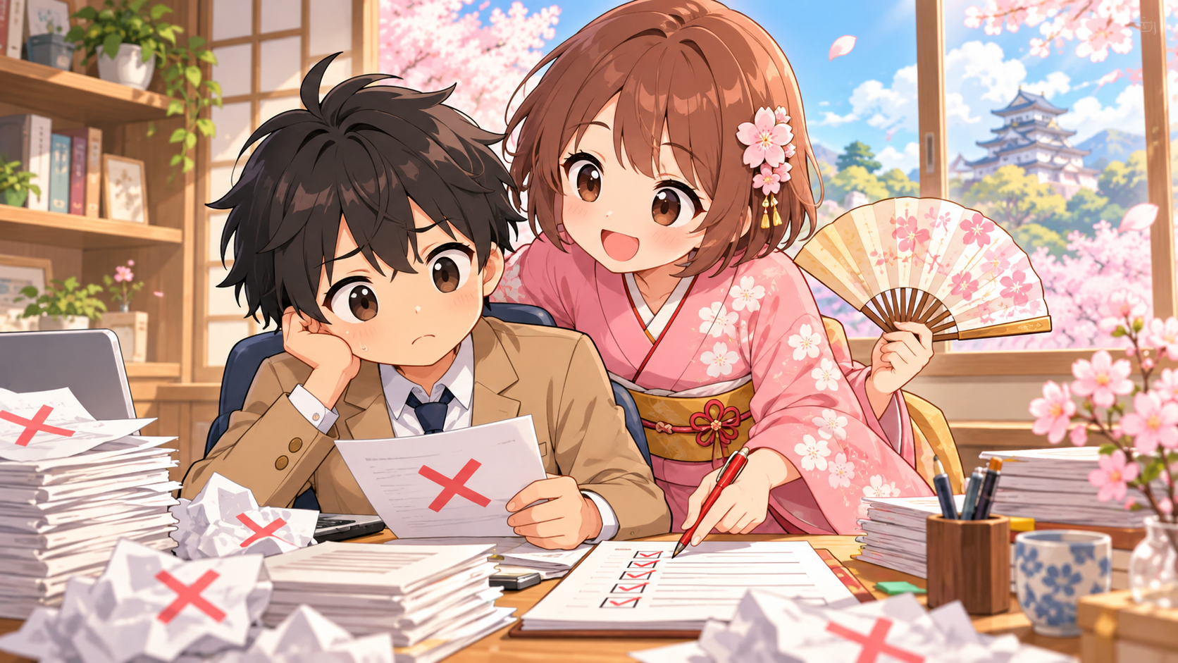 書類選考に悩むMASAKIに、SAKURAがチェックリストを見せながら職務経歴書の直し方をアドバイスしている様子