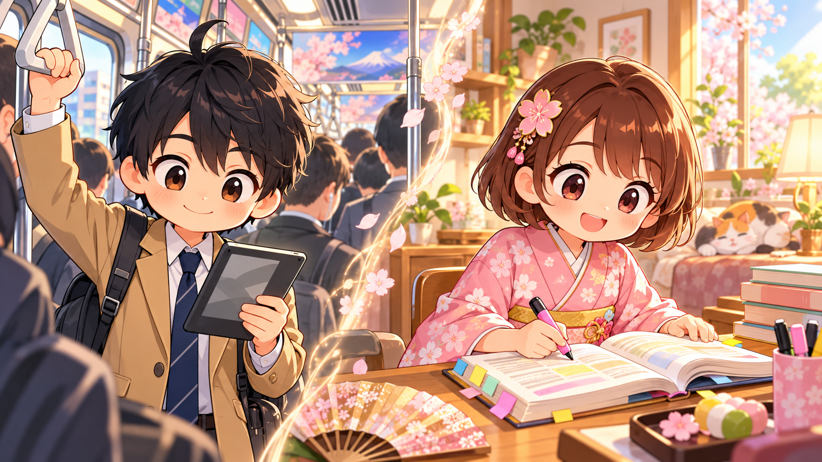 電車で電子書籍を読むMASAKIと、自宅で紙の参考書に付箋を貼りながら勉強するSAKURA