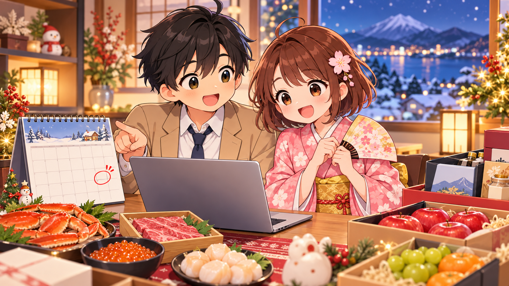 年末のカレンダーを見ながらふるさと納税の締め切りを確認するMASAKIとSAKURA