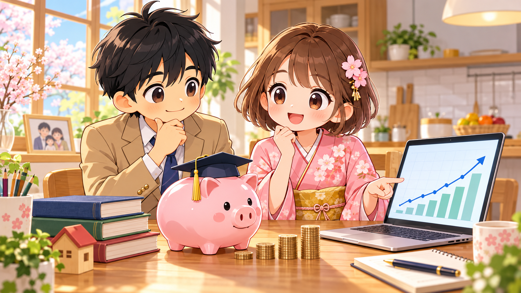 学資保険の貯金箱と新NISAのグラフを見比べながら教育費について話し合うMASAKIとSAKURA