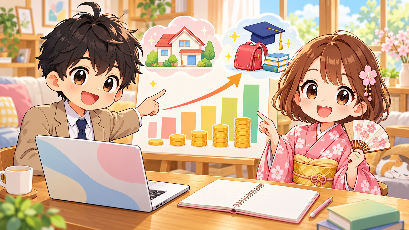 30代の共働き夫婦が家計簿とノートパソコンを見ながら家計の見直しを話し合うイラスト