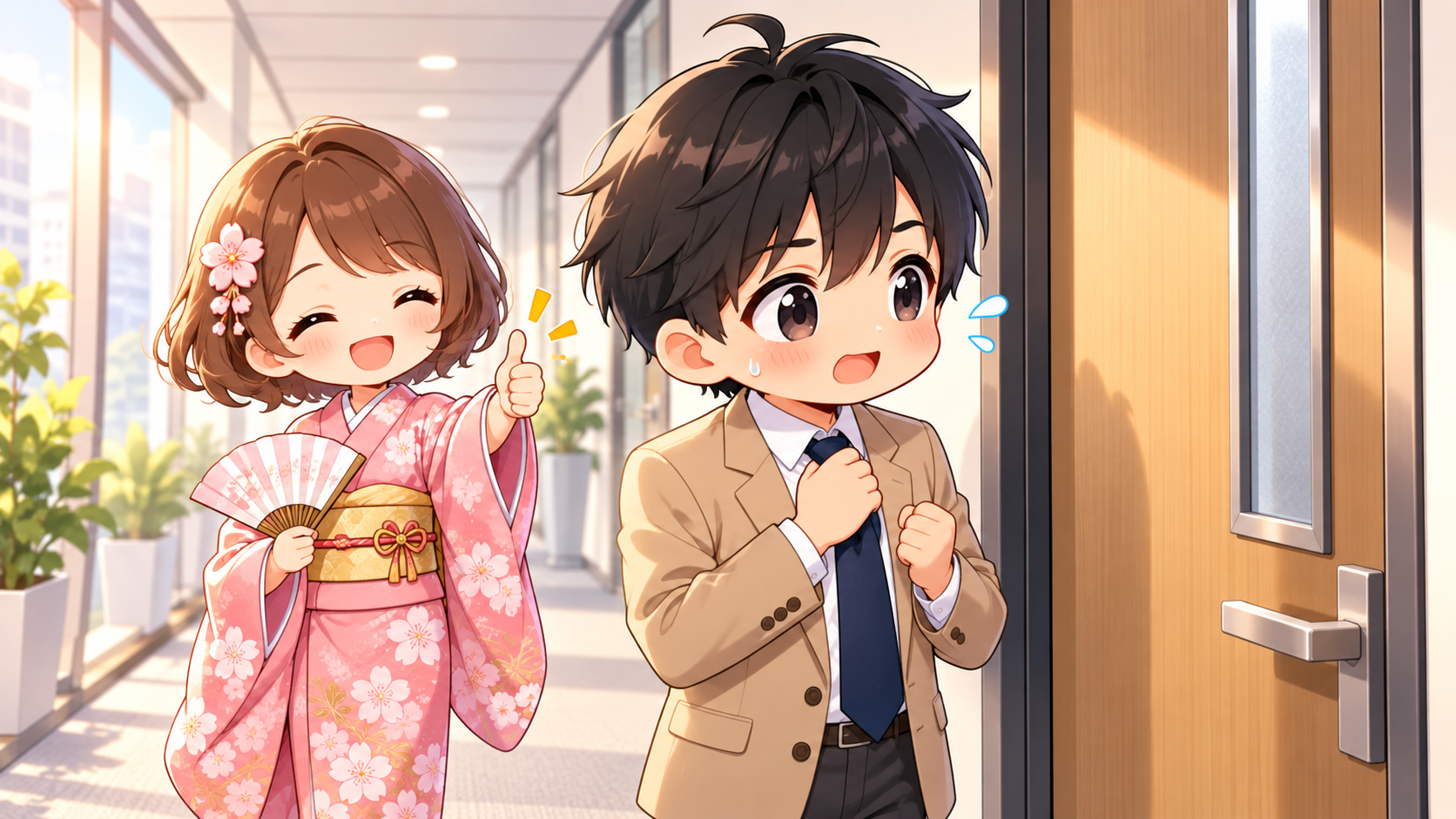 会議室の前で退職の切り出し方を練習するMASAKIと、後ろから応援するSAKURA