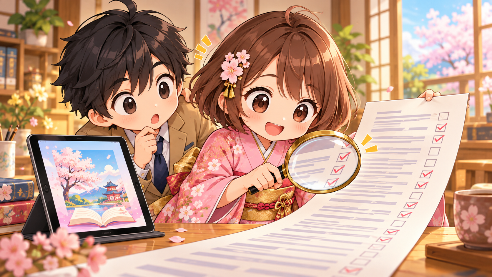 サクラが虫眼鏡でKindle出版代行の見積書をチェックし、マサキが驚いてのぞき込んでいるイラスト