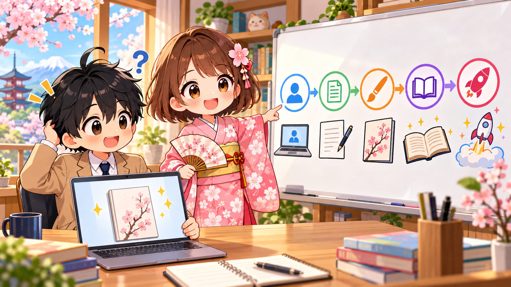 マサキがノートパソコンを前に戸惑い、サクラがKindle出版の5ステップをホワイトボードで説明している様子