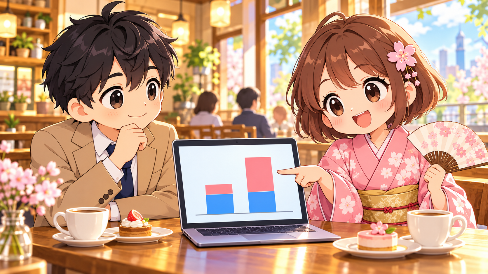 M&A仲介の年収の内訳をノートパソコンで確認するMASAKIとSAKURA