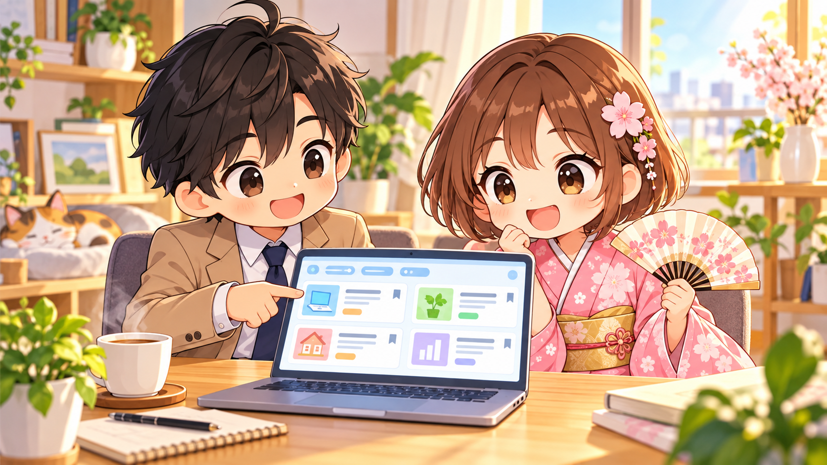 自宅のデスクでノートパソコンを見ながらリモートワークの求人を探すMASAKIとSAKURA